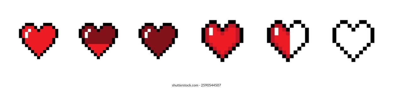 Pixel Art Heart Vector Icons with Different Levels
