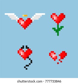 Pixel art. Heart with wings, with horns, broken heart, and the heart flower in style of 8-bit game. Vector illustration.