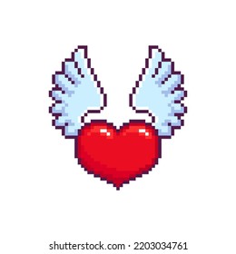 Pixel Art Heart with wings - isolated vector. 8-bit Pixel heart sign in retro video game style. Simple flat winged heart iсon on white background
