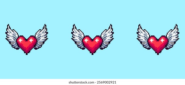 Pixel art heart with wings on a light blue background symbolizing love and freedom in a retro video game style