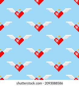 Pixel art. Heart with wings in style of 8-bit game.seamless pattern.Texture for fabric, wrapping, wallpaper