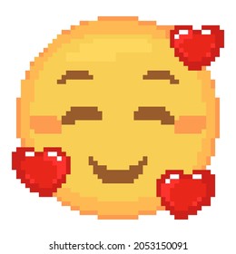 Pixel art hearts around face emoticon. Retro pixel emoji of romantic flushed yellow face in love. Cute cartoon kawaii vector social media smile icon.