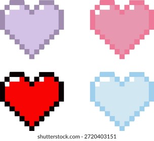 Pixel art hearts collection in various colors, retro 8-bit love icons set for Valentine's Day and gaming UI, isolated vector illustration