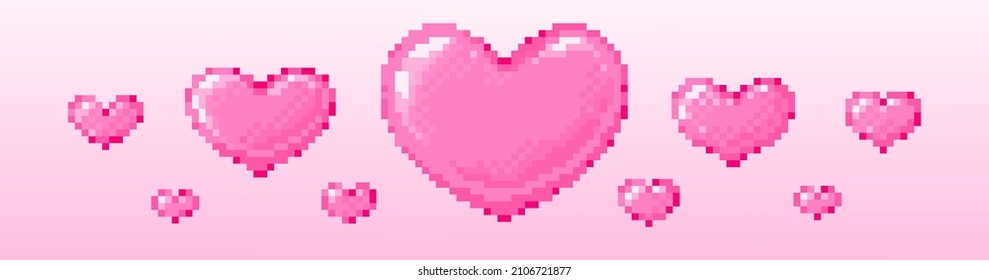 Pixel art hearts labels illustration. Vector pixel pink hears set in pixelated mosaic retro game style. 8 bit vintage decor for valentine day. Pixel gum ballon hearts isolated icon on white background