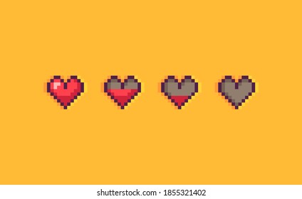 Pixel art hearts on yellow background. Vector illustration.