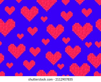 Pixel art hearts seamless pattern. 8-bit red hearts on blue background. Retro 8-bit video game. Design for print, wrapping paper and advertising. Vector illustration