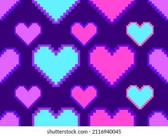 Pixel art hearts seamless pattern. 8-bit hearts with stroke. Retro 8-bit video game. Design for print, wrapping paper and advertising. Vector illustration