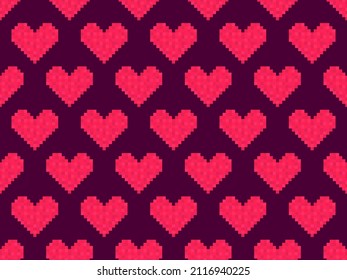 Pixel art hearts seamless pattern. 8-bit red hearts. Retro 8-bit video game. Design for print, wrapping paper and advertising. Vector illustration