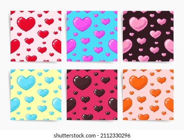 Los corazones del arte del Pixel son patrones impecables. Sólidos del Día de San Valentín para geeks y jugadores. Los corazones de 8 bits repiten el patrón en colores naranja, rojo, rosa, azul y marrón. Colección de juegos Vector Retro 90.