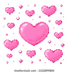 Pixel art hearts set. 8 bit game heart icons collection. Cute pink illustrations of pixel hearts.