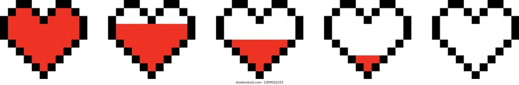 Pixel art hearts set, pixel game health heart icons, 8bit gaming, retro style