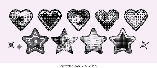 Pixel art hearts and stars with halftone gradient effects made of black dots. Retro game graphics collection with various textures of scattered points for vintage y2k digital design elements.