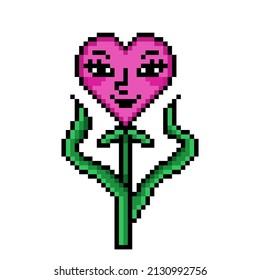 Pixel Art Heart-shaped Flower With Woman Face On White. Magic Plant Clip Art. Symbol Of Love Growing. Mother Nature Character. Old School Vintage Retro 80s, 90s 2d Video Game, Slot Machine Graphics.