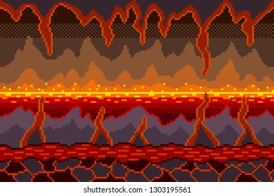 Pixel art hell seamless background. detailed colorful vector illustration