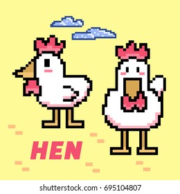 Pixel Art Hen. Elements Design. Illustration and icon.