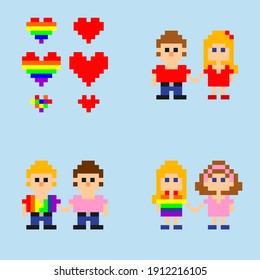 Pixel art. heterosexual couple, gay couple, and bisexual couple in style of 8-bit game. Vector illustration.