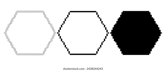 pixel art hexagon shape set isolated on white background