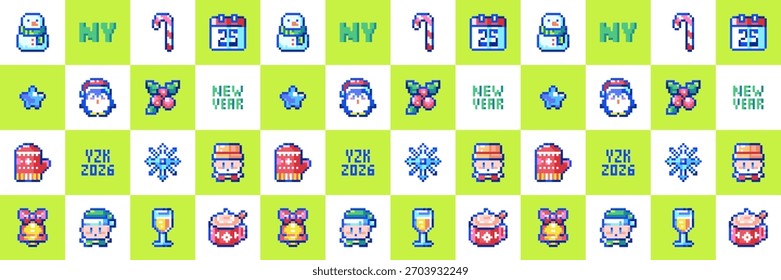 Pixel Art Festiva Patrón a cuadros con muñecos de nieve, mitones, ciervos, bastones de caramelo e iconos retro de invierno de 8 bits. Patrón de píxeles de invierno de año Nuevo sin costuras.