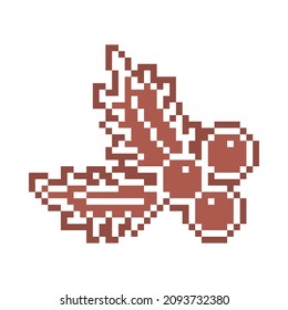 Pixel art holly branch with leaves, gingerbread cookie decorated with white sugar icing, 8 bit food icon isolated on white background. Christmas berry shape dessert. Winter holiday chocolate biscuit.