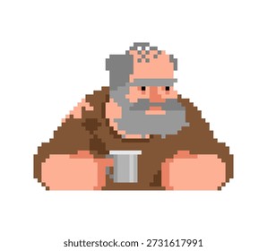 Pixel art homeless man with a large beard and worn clothing. Retro 8-bit character asset for urban life or survival games.