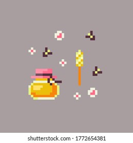 Pixel art honey in a glass and spoon. Pixelated dessert icon. Vector illustration.