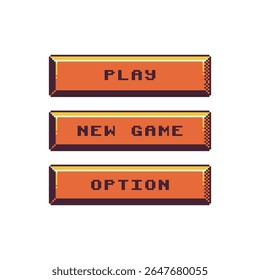 Botões de menu horizontal da arte em pixels Elementos de interface do usuário de jogos de 8 bits , Jogo, Novo Jogo e Opção, menus principais de jogos de vídeo e interfaces de RPG.