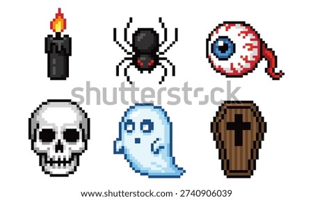 Pixel Art Horror Icons Set - Skull Ghost Spider and Creepy Items