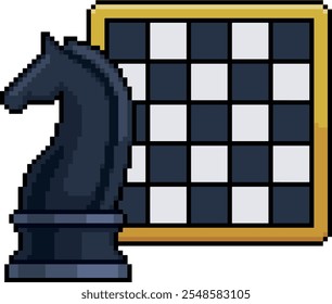 Arte del pixel de la pieza del caballo y del tablero de ajedrez en estilo de 8 bits en el fondo blanco