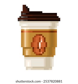 Pixel art of hot americano or latte ready to grab from coffee shop in the morning