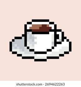 Pixel-Kunst eines heißen schwarzen Kaffees in einem Teetasse, Retro-Pixel-Design, gemütliche Morgenstimmung