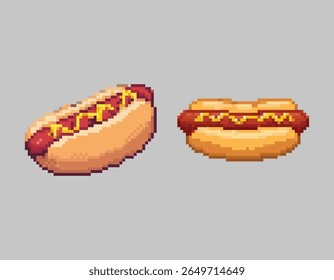 Pixel Art Hot Dog Ícone Set Retro Fast Food. Um conjunto de ilustrações de estilo 8-bit pixel art hot dog, mostradas a partir de duas perspectivas diferentes.