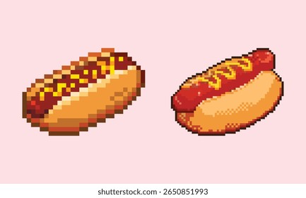 pixel art, hot dog, icon, fast food, food, 8-bit, retro, illustration, set, sausage, mustard, bun, video game, asset, sprite, junk food, snack, meal, frankfurter, wiener, American food, menu, restaura