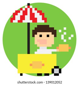 Pixel art hot dog seller with cart under umbrella, vector illustration