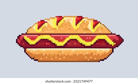 Un hot dog pixel art, con colores vibrantes, presenta una salchicha en un bollo rematado con mostaza y delicia, delicioso y divertido!