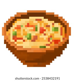 Pixel art of hot ramen or noodle or ramyun in a wooden bowl with peas and carrot on top