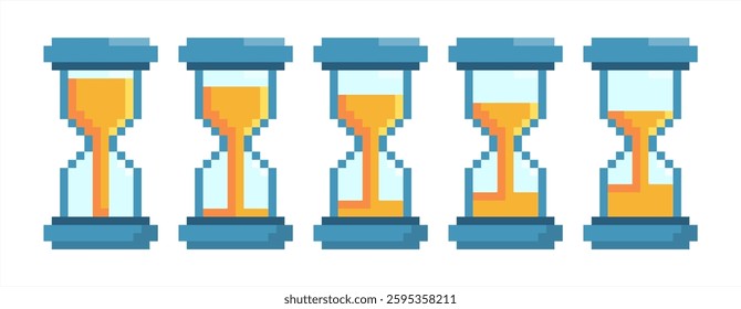 Pixel art of hourglass in some counting. Pixelated sandglass set vector. 