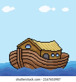 pixel art of house boat raft