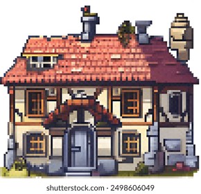 Pixel Art House with Red Tile Roof