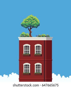 Pixel art house roof in the sky with green bushes, tree and flowers on top