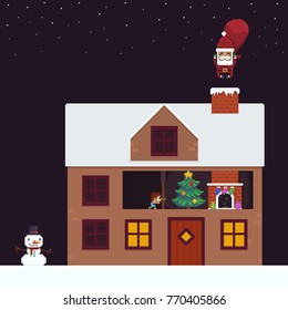 Pixel art house, Santa jumping into chimney pipe, kid prying into keyhole and snowman