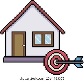 Pixel art of house with target and arrow icon in 8-bit style on white background