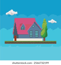 Pixel art of house with tree