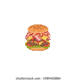 Pixel art huge burger icon. Vector Retro 8 bit illustration of big bacon burger. Pixel fast food isolated mega burger. Pixel vector big burger with toppings icon for game, sticker, app, web design.