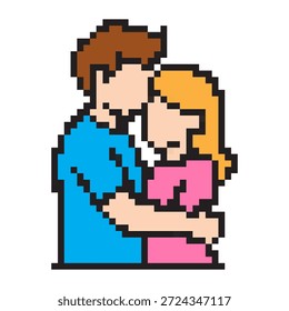 Pixel art hugging couple icon for Valentine’s Day. Cute 8-bit romantic love, relationship, dating, and wedding symbol for game, app, sticker, card, and social media holiday design.
