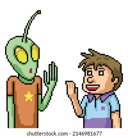 arte de píxel del saludo alienígena humano