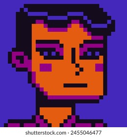 Pixel art human character 8-bit,  80-s, avatar, guy face, NFT, cartoon vector icon, game user, web profile persons, people, social net portrait. Non-fungible token.