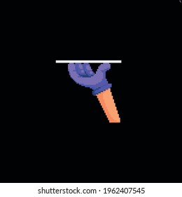 Pixel art human hand in purple glove holding white rectangle