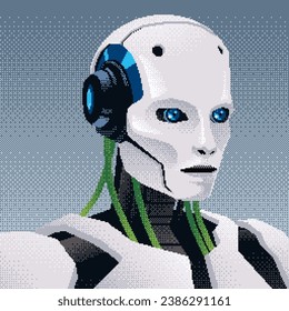 Pixel art humanoid AI robot. Avatar of artificial intelligence robot chat bot. Retro game 8 bit style vector of pixelated cyborg.