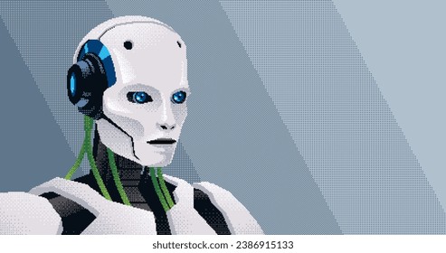 Pixel art humanoid AI robot banner. Avatar of artificial intelligence robot chat bot. Retro game 8 bit style vector of pixelated cyborg.
