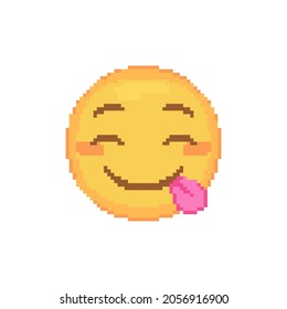 Pixel art hungry goofy emoticon. Retro pixel emoji of savoring food yellow face. Cute cartoon kawaii vector social media icon with tongue. 8 bit style emoji yellow smile.